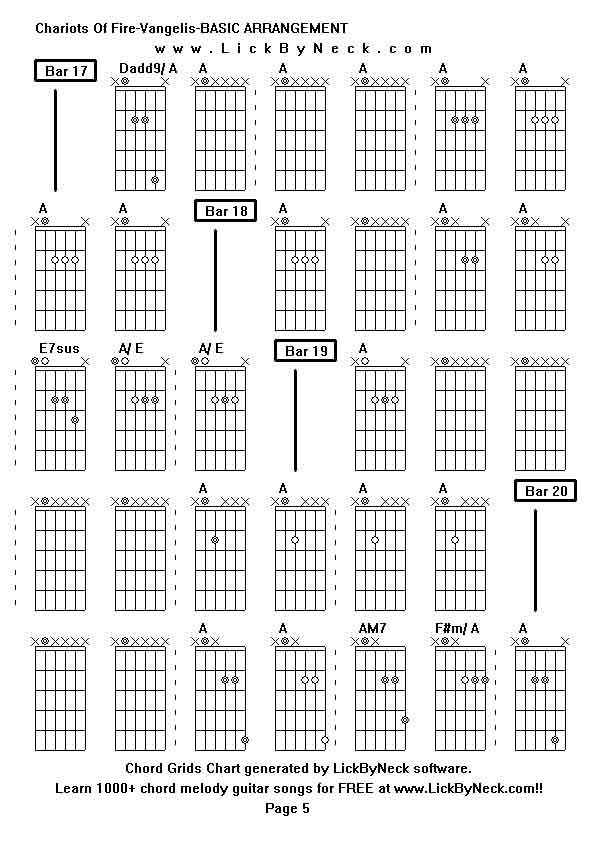 Chord Grids Chart of chord melody fingerstyle guitar song-Chariots Of Fire-Vangelis-BASIC ARRANGEMENT,generated by LickByNeck software.